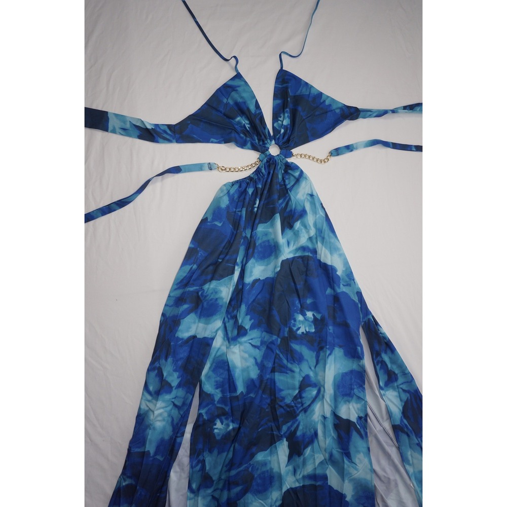 Blue Floral Maxi Dress Large Halter Neck Cut Out Gold Chain Detail